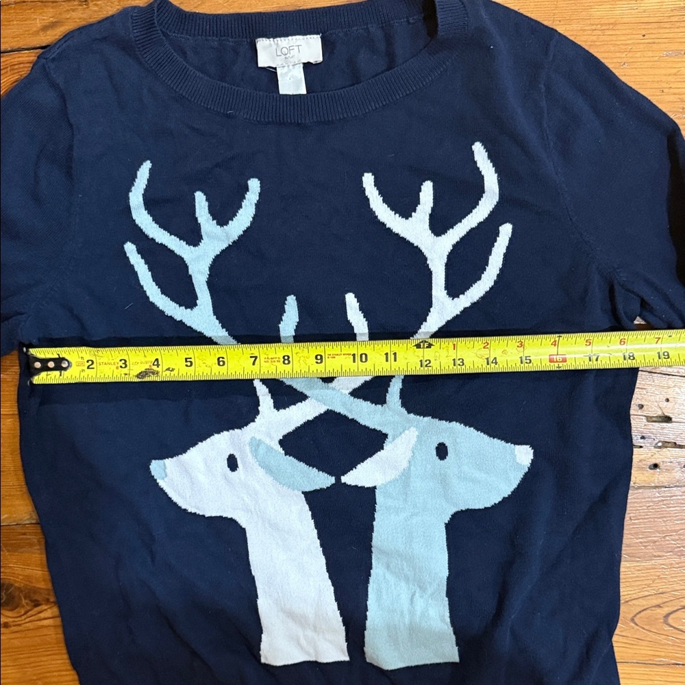 LOFT Dark Blue Sweater with Reindeer Design Winter Cotton Size Large Holiday - Picture 3 of 7